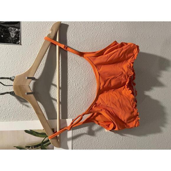 NEW Aerie Orange Textured Longline Scoop Ruffle Swimsuit Bikini Top - M - Picture 4 of 4